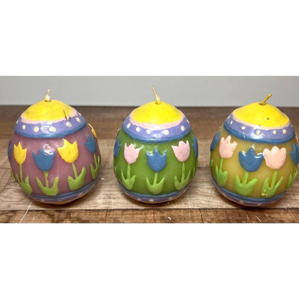 Easter Egg Decorative Hand-Painted Round Candles Set Of 3 Multicolor